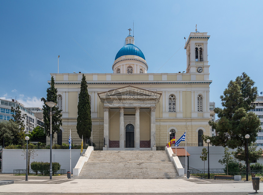 进入希腊东正教堂的门阶在比雷埃乌斯的Stnicholas图片