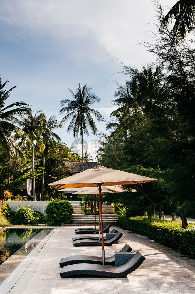 2014年5月日泰国喀拉比夏季热带椰子园雨伞和泳池床科朗特热带度假胜地户外空间的度假池图片