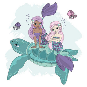 海龟背上的美人鱼插图图片