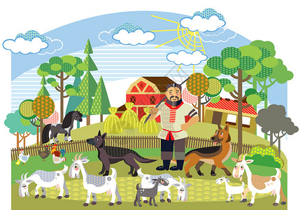 卡通农民素材有德国牧羊群的白山站在花园里农场矢量卡通插图与白色背景隔离的不同颜色背景