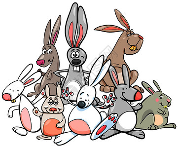 滑稽兔子动物角色组的漫画插图图片