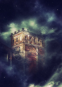 古老的砖塔夜幕充满幻想的星雾背景图片