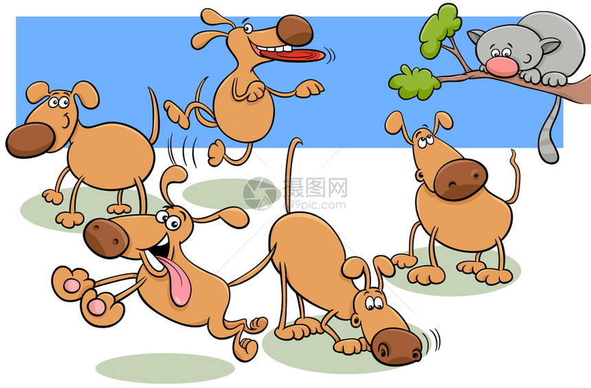 公园中滑稽的小狗矢量卡通插画图片