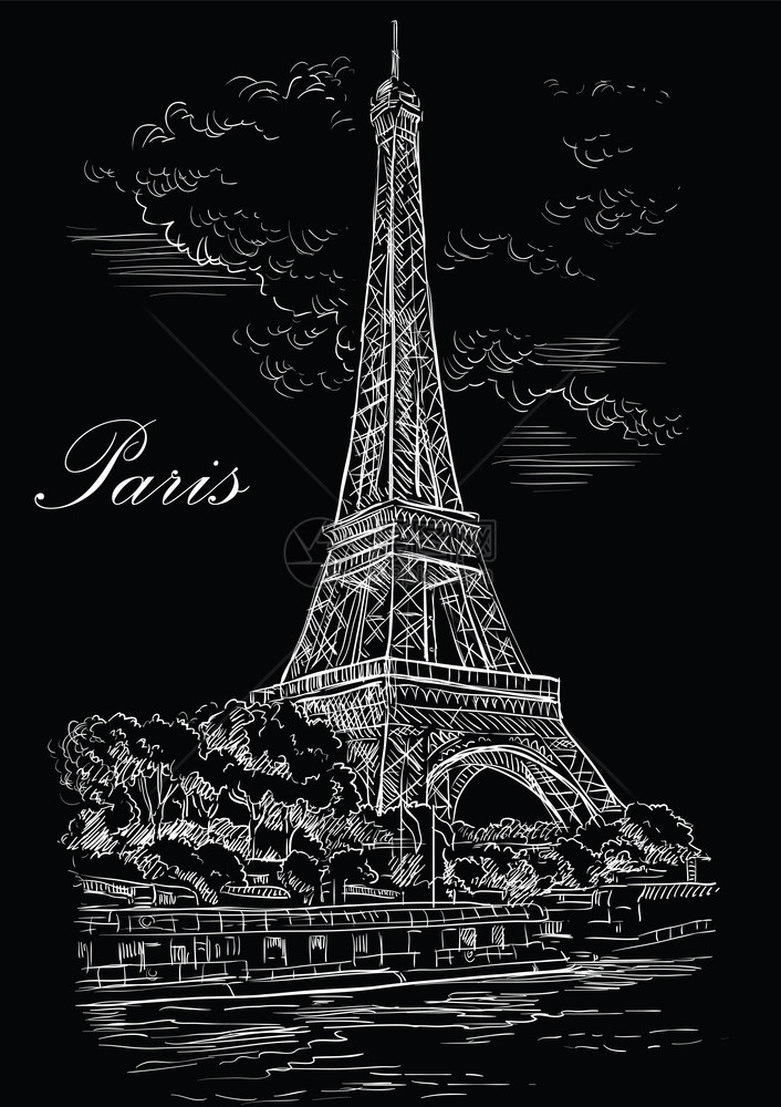 eifl塔帕里斯弗朗塞的矢量图解巴黎的地标有塔城市景色安全河堤的景色矢量图解以黑色背景上孤立的白色显示图片