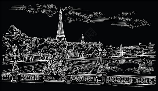 eifl塔帕里斯弗朗塞的矢量图解帕雷斯塔里弗朗塞的里程碑城市风景与eifl塔和pontalexndri安全河堤的视图以黑色背景隔背景图片