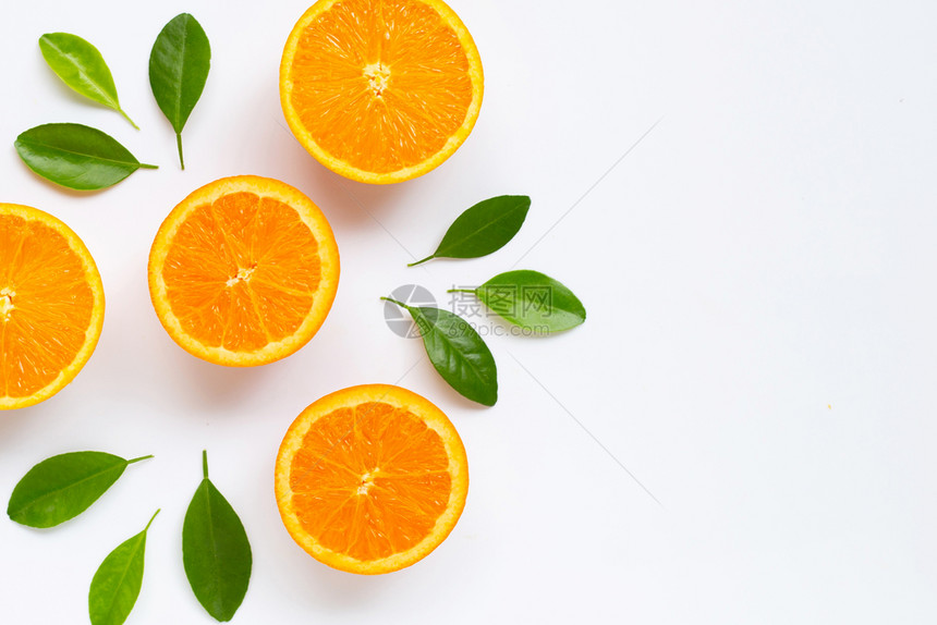 新鲜橙色柑橘仁水果白底叶多汁和甜图片