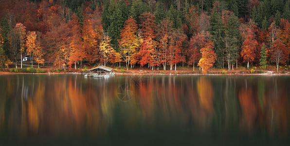秋天森林和一座木屋反射在南德州小城附近的阿尔普西湖水面上背景图片
