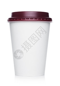 喝咖啡装在一次杯子里用红色塑料盖在白上图片