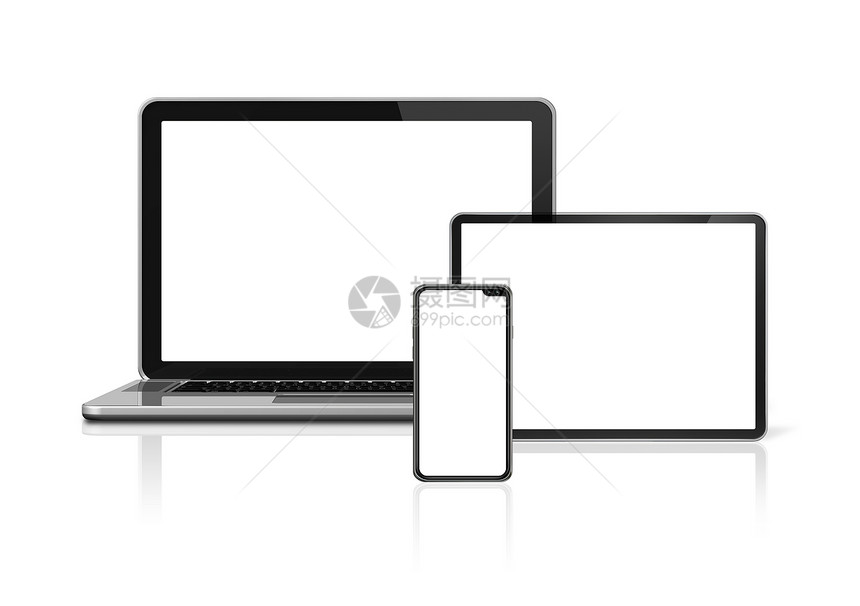 3d将膝上型电脑平板和话机模拟装置隔离在白色背景上面带空屏幕图片