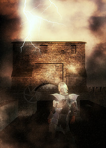 数字化的中世纪堡垒在雾中和勇敢的骑士3d插图图片
