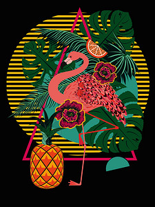 带热叶子火烈鸟和水果设计插图图片
