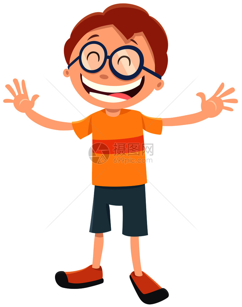 卡通插图展示快乐的小学年龄或带眼镜的少年男孩角色图片