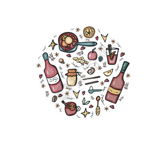 混合葡萄酒元素和物品的矢量圆形徽章涂鸦式饮料成分的图片