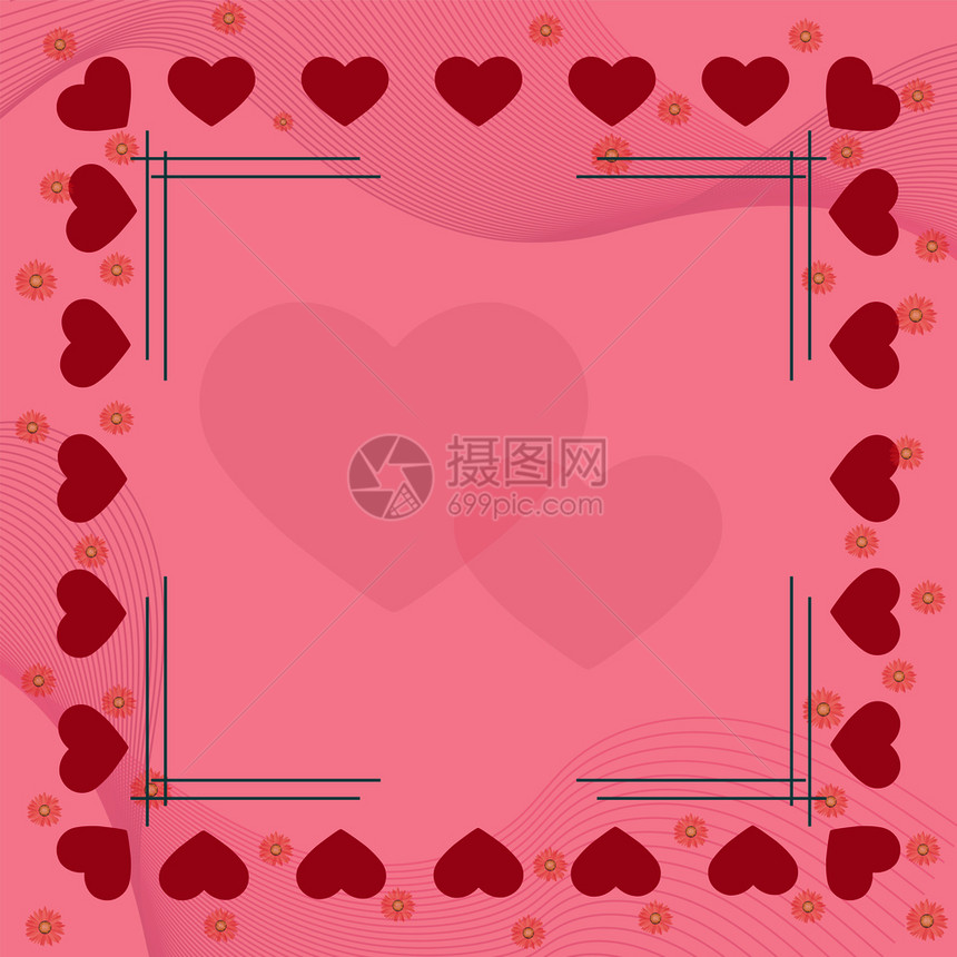 粉红色的心脏和花朵在粉红色背景的边界上中间是框架和心脏设计理想的解决方案和问候的装饰图片