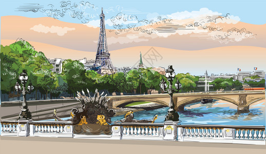 亚历山大三世桥绘画埃菲尔塔巴黎地标法国插画