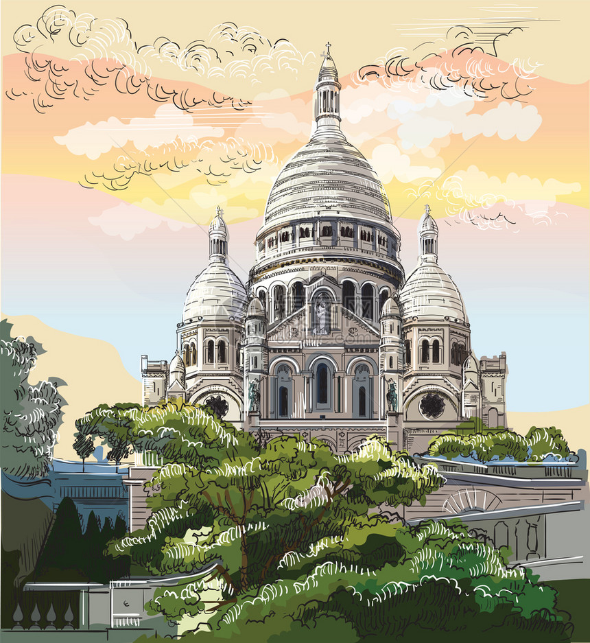 多彩矢量的图解蒙塔尔巴黎的地标弗朗特城市风景与巴西里卡的剖腹骨多彩矢量图解巴黎的城市景象图片