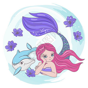 卡通矢量海豚与美人鱼插图图片