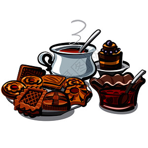 圣诞风杯子蛋糕茶和饼干插画