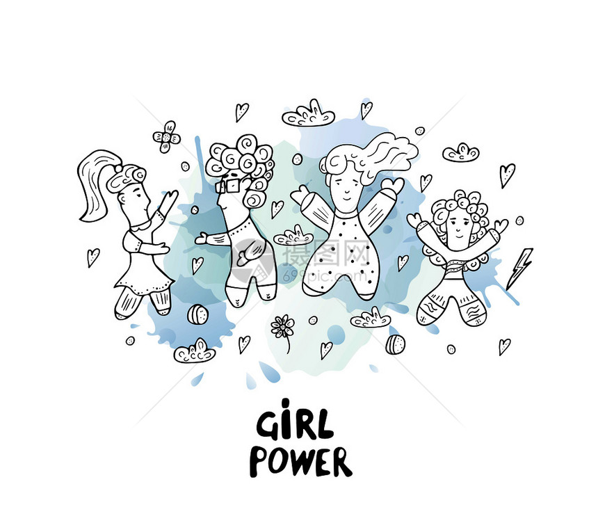 女孩力量的矢说明由不同的女人物和水彩花纹组成的涂鸦风格图片