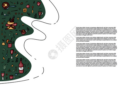 组对象混合葡萄酒元素和对象的矢量组以涂鸦样式构成插画