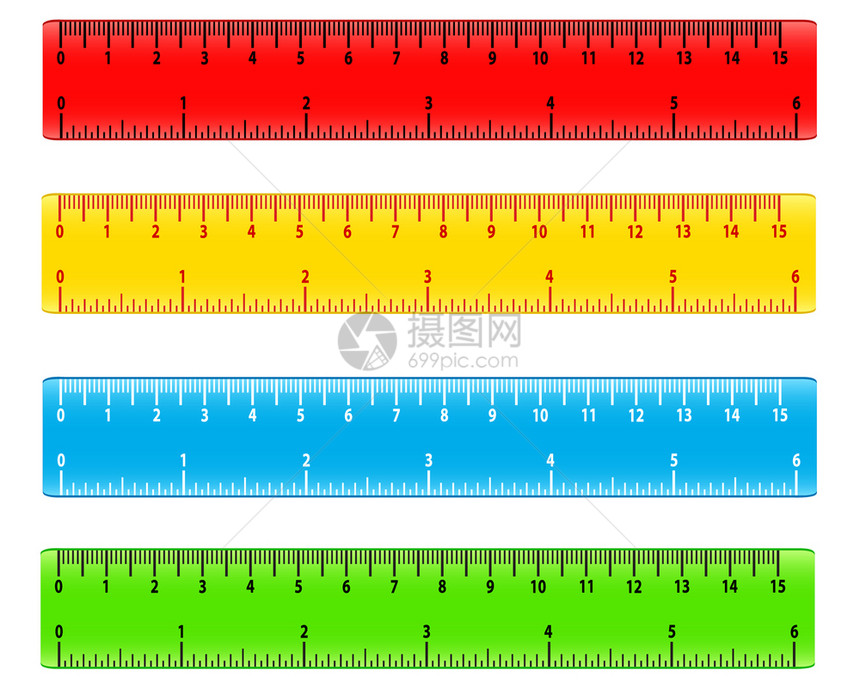 中米和英寸矢量集的学校颜色测量标尺文具颜色工插图图片