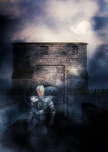 数字化的中世纪堡垒在雾中和勇敢的骑士3d插图图片
