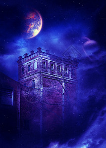 古老的砖城堡塔夜幕充满幻想的星雾和行背景图片