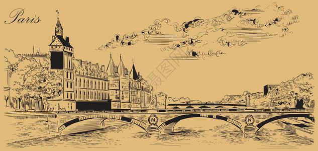桥 手绘用手绘图解西恩河堤岸的景象用手画图解在蜜蜂背景上隔离的黑色颜设计图片