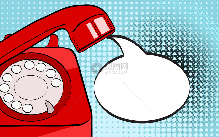 po艺术背景红色旧电话和空的语音泡沫供您使用矢量多彩的手以回溯漫画风格绘制插图图片