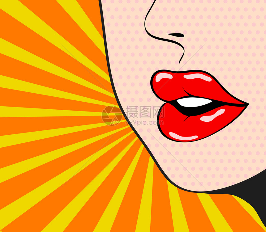 女聊天亮色背景上的红感嘴唇流行艺术复述漫画风格矢量插图图片