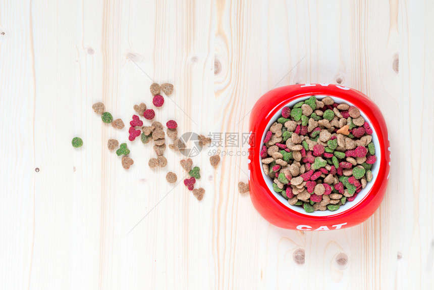 带干燥食物的猫碗顶端视图图片
