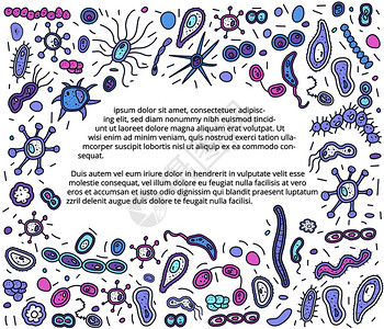 次元空间带文字空间的细菌胞边框微生物收集矢量涂鸦样式组成插画
