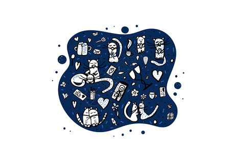 情满中秋月饼涂满可爱的情符号猫和人节天体液态矢量图解插画