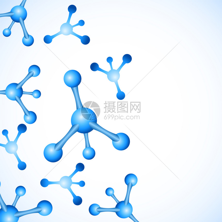 抽象分子设计种群矢量说明原子横幅或传单的医学背景蓝色球状微粒的分子结构图片