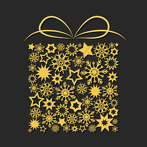 金色装饰星星带金星和深底雪花的礼物盒圣诞快乐的新年贺卡股票矢量插图插画