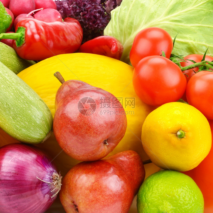 一串新鲜蔬菜和水果明亮的美丽背景图片