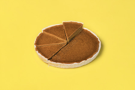 不忘感恩南瓜派切片展示在不均匀的高度上展示在黄色背景上派图概念美国传统的甜点感恩背景