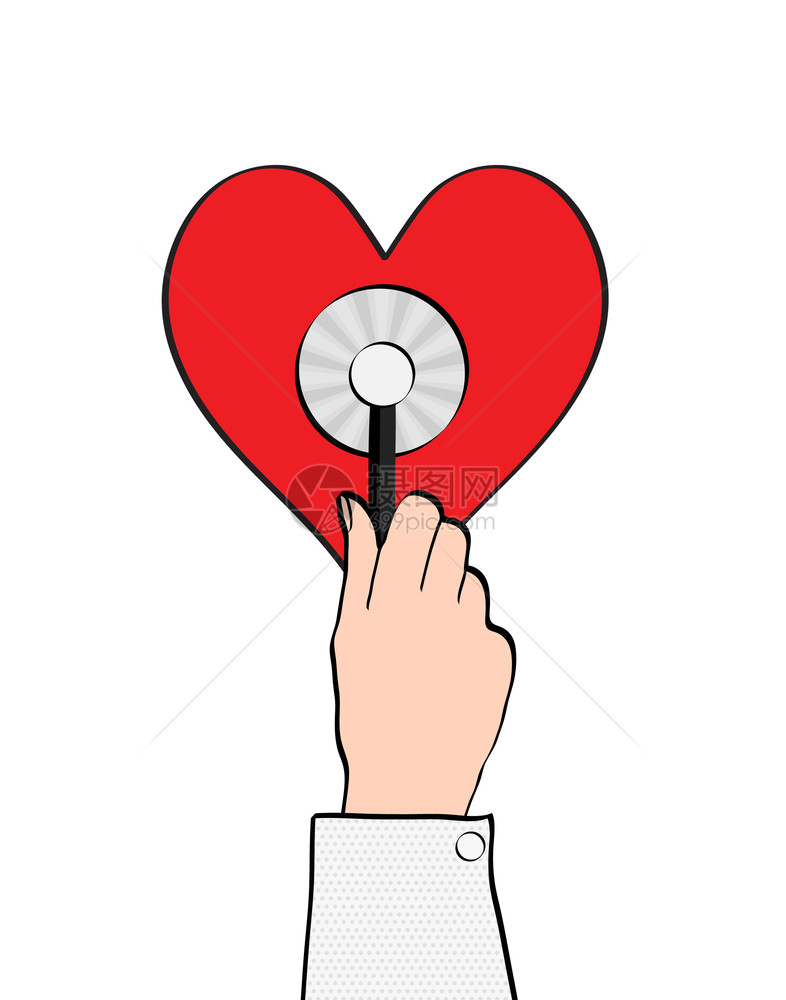 医疗保健和概念紧闭男医生手将红色心脏的听诊器贴在心上矢量说明eps10图片