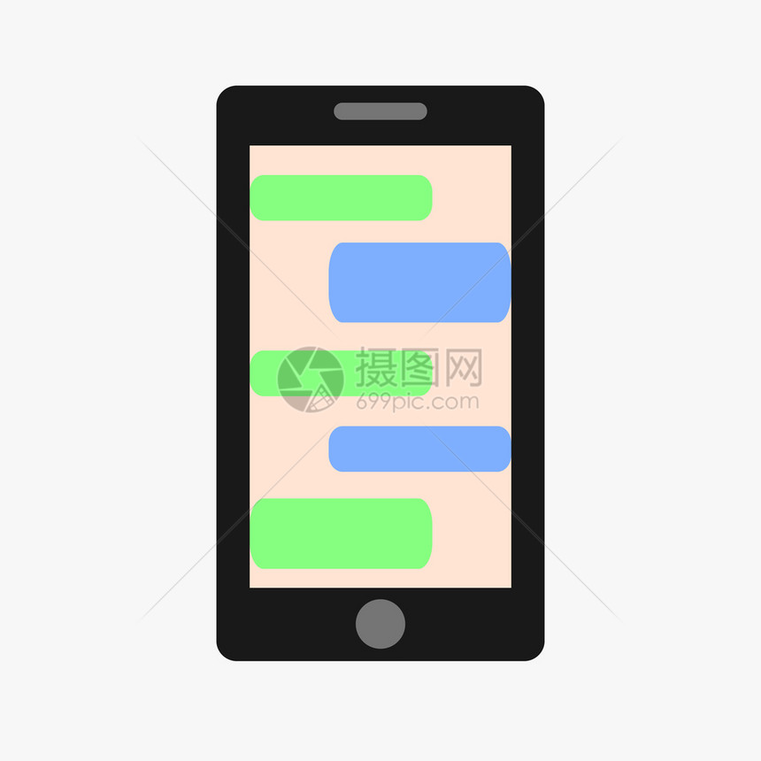 手机矢量说明社交网络概念信使窗口聊天和信息传递概念绿色聊天盒现实智能手机和绿色聊天盒图片