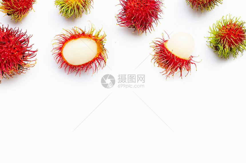 在Whatbckground顶部视图上孤立的Rambutn面图片