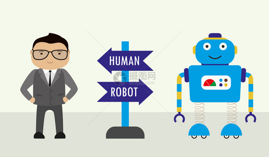 机器人和类男用两条路径在人工智能和类卡通矢量图解之间选择机器人和类男用两条路径签名图片