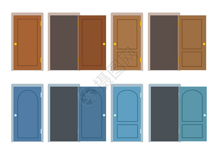 抖音挑战门以棕色和蓝不同位置关闭和打开的一组门卡通矢量平式插图插画
