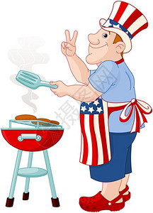 萨达拉姆有趣的男人叔萨姆帽子做一个汉堡包在烧烤炉插画