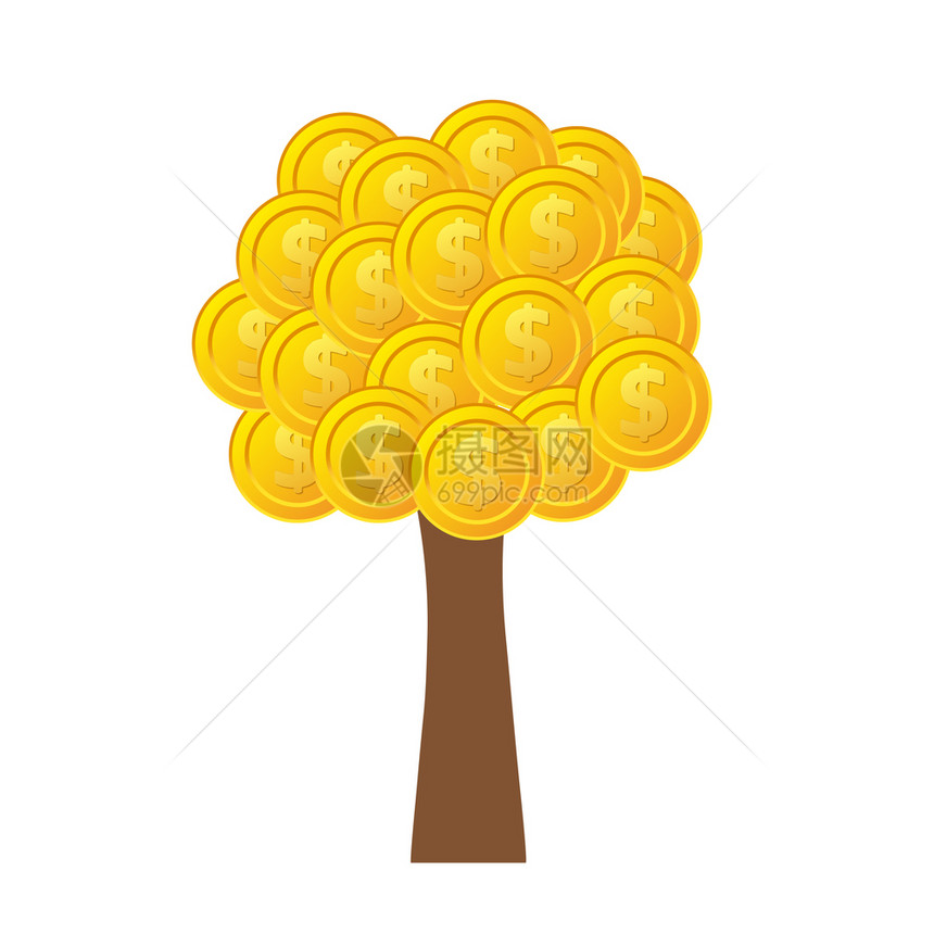 带有金硬币商业概念鱼量矢说明的树形金币种群矢量说明图片