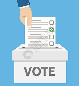评选投票以蓝鱼群矢量插图显示的表决箱中人手持核对清单插画