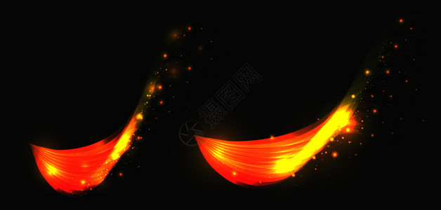 红色火焰状羽毛一组金元素在黑暗背景上闪亮的光矢量燃烧的翅膀用于设计一组金元素在黑暗背景上闪亮的光插画