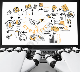 信息发布屏3d插图机器人手在带白屏的笔记本电脑上打字技术概念孤立的白背景背景