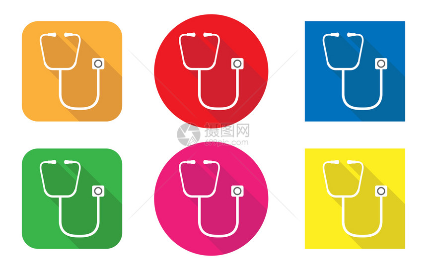 在彩色圆形和方背景的长阴影上两部医学听诊器图片
