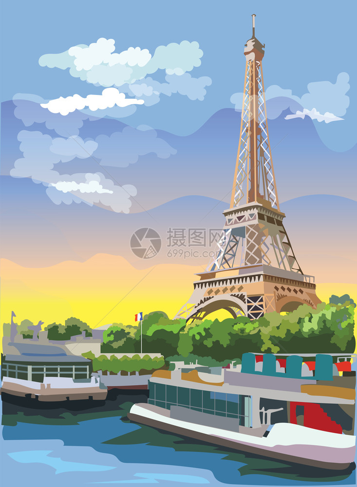eifl塔巴黎的地标francie城市风景与eifl塔安全河堤的视图彩色矢量图片