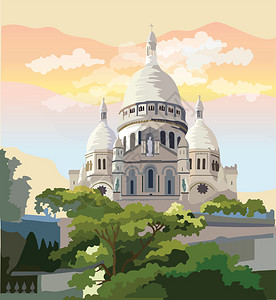 圣卡罗教堂蒙马特的多彩矢量说明巴黎的里程碑弗朗特城市风景与basilcreou多彩矢量说明巴黎的城市风景设计图片